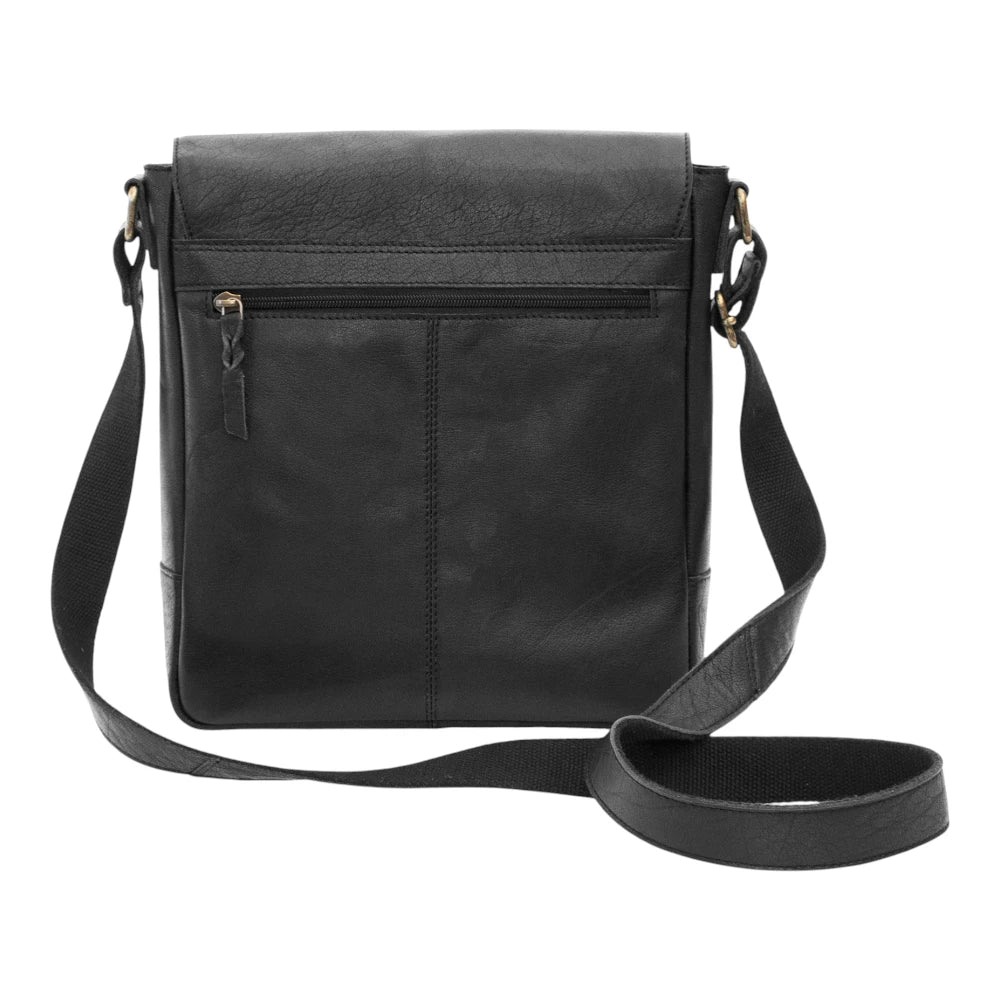 Angle view of Black leather bag on a white background