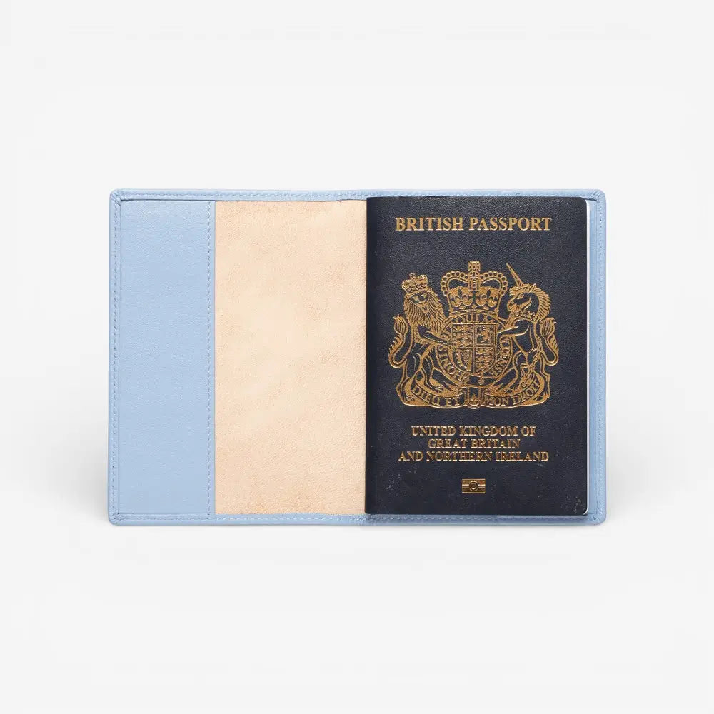 Pastel BluePassport cover with a British passport design on a white background