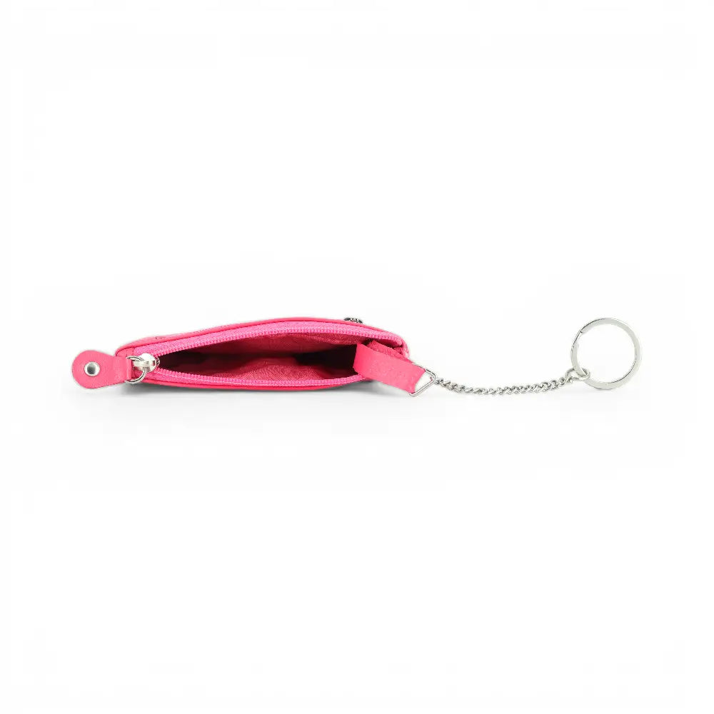 Pink pouch with a keychain on a white background
