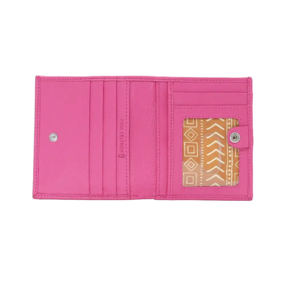 Pink wallet with a patterned card holder on a white background