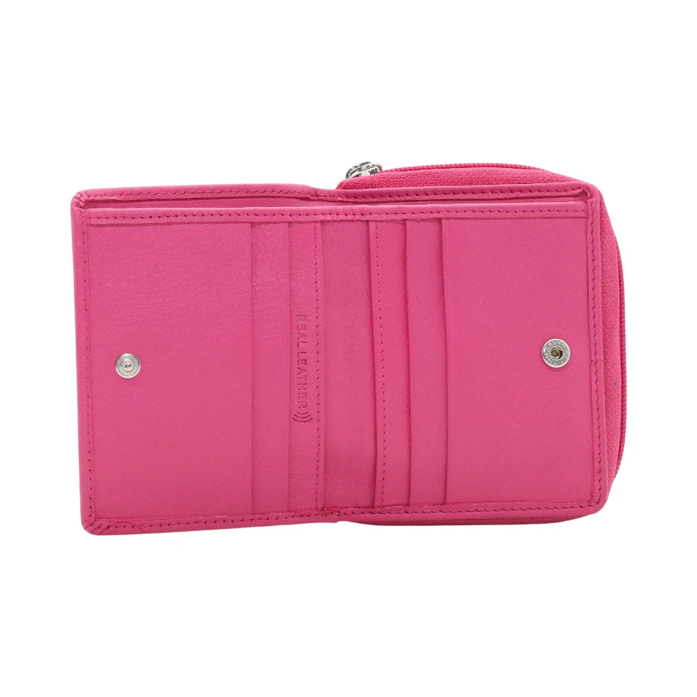 Pink wallet with a visible brand logo on a white background