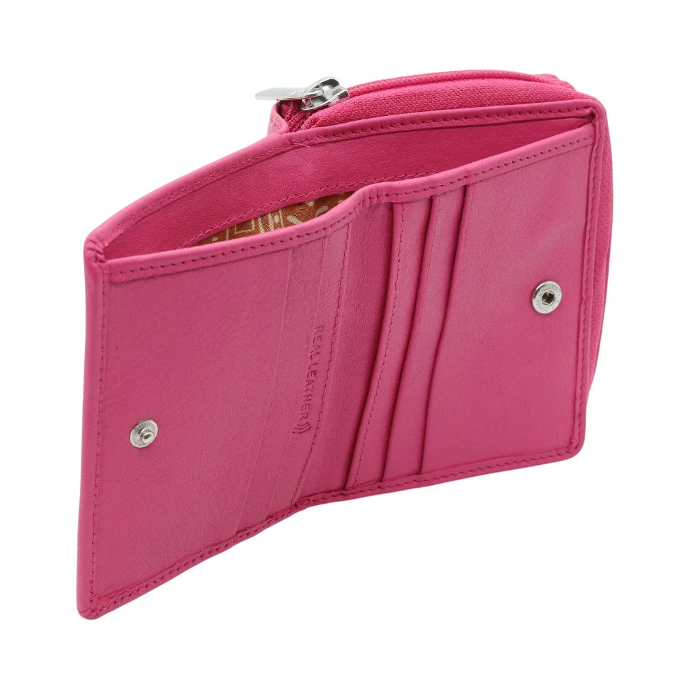Pink purse with a zipper on a white background