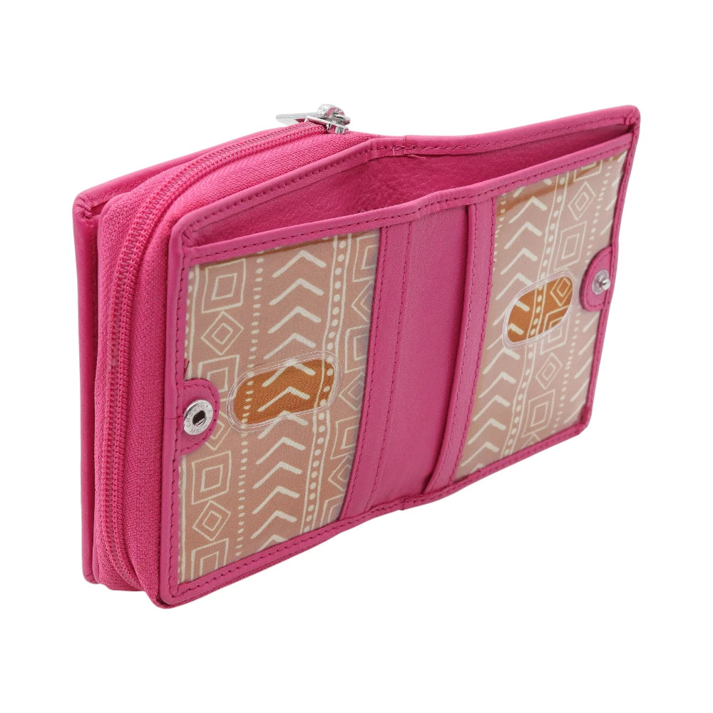 Pink purse with a patterned flap on a white background