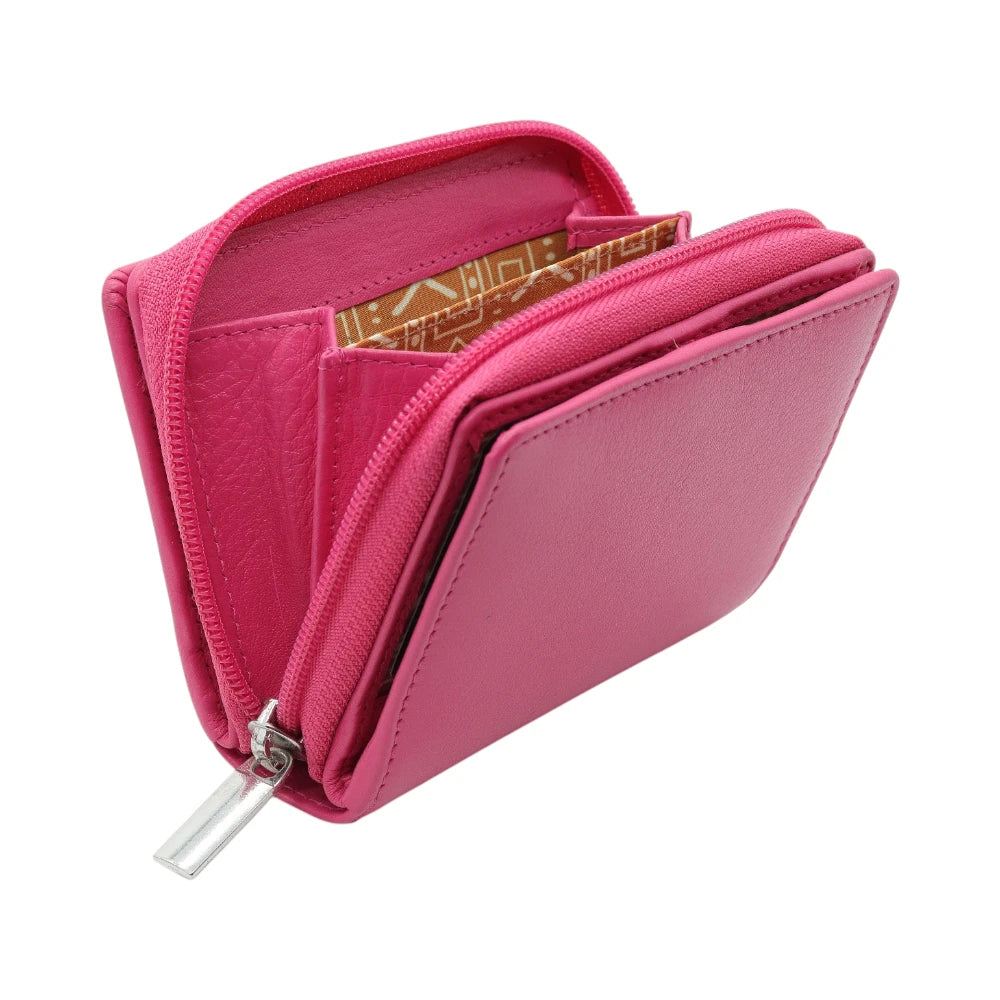 Pink purse with a zipper on a white background