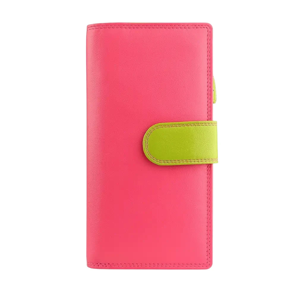 Front view of Pink wallet  with a green strap on a white background