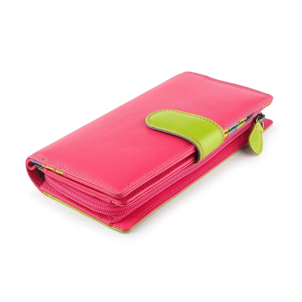 Pink wallet with green accents on a white background