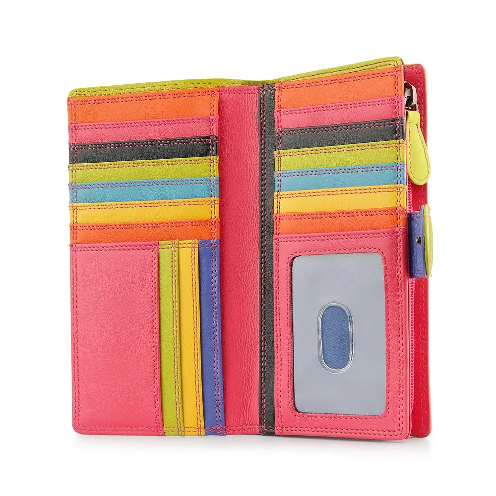 Pink wallet with multiple card slots on a white background