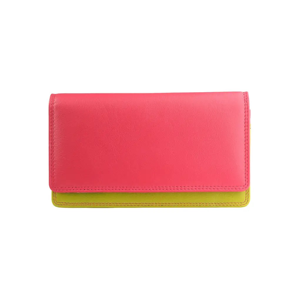 Front view of Pink wallet with green bottom section on a white background
