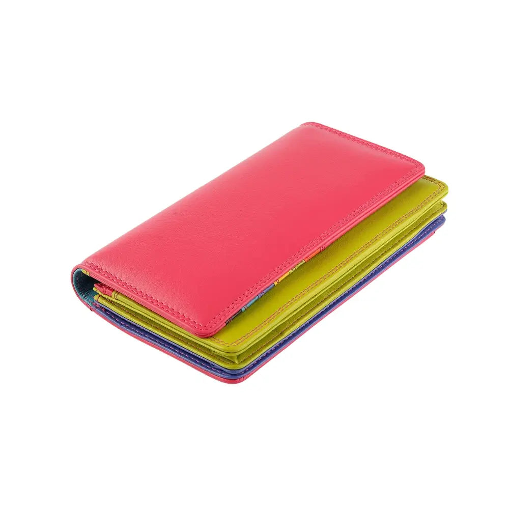Top view of Pink wallet with green bottom section on a white background