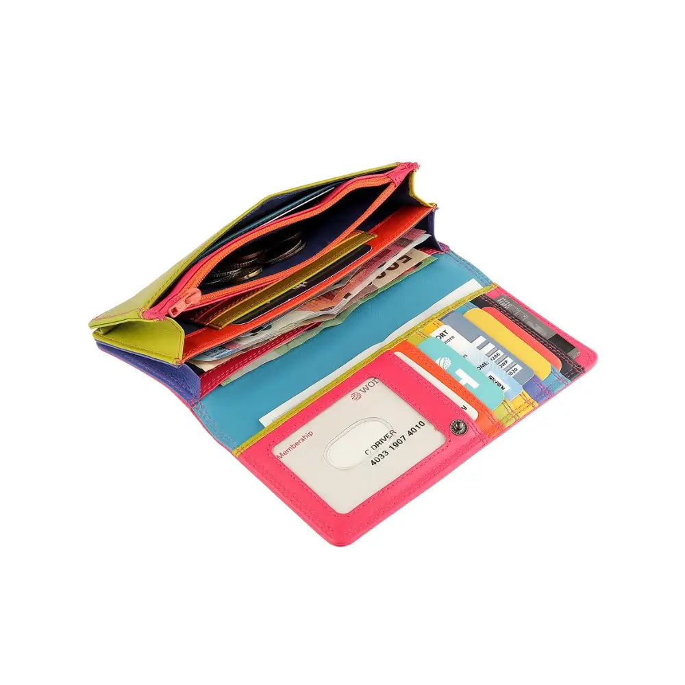 Inside view of Pink wallet with green bottom section on a white background