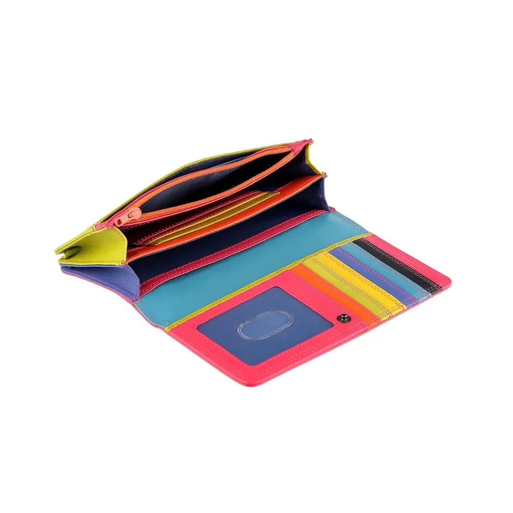 Inside view of Pink wallet with green bottom section on a white background