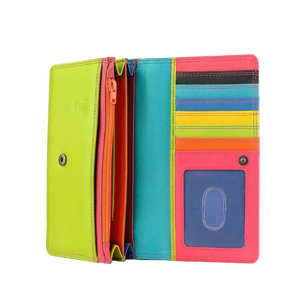 Open view of Pink wallet with green bottom section on a white background