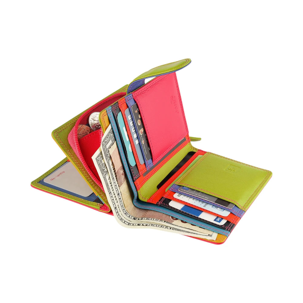 Pink wallet with cards and money on a white background