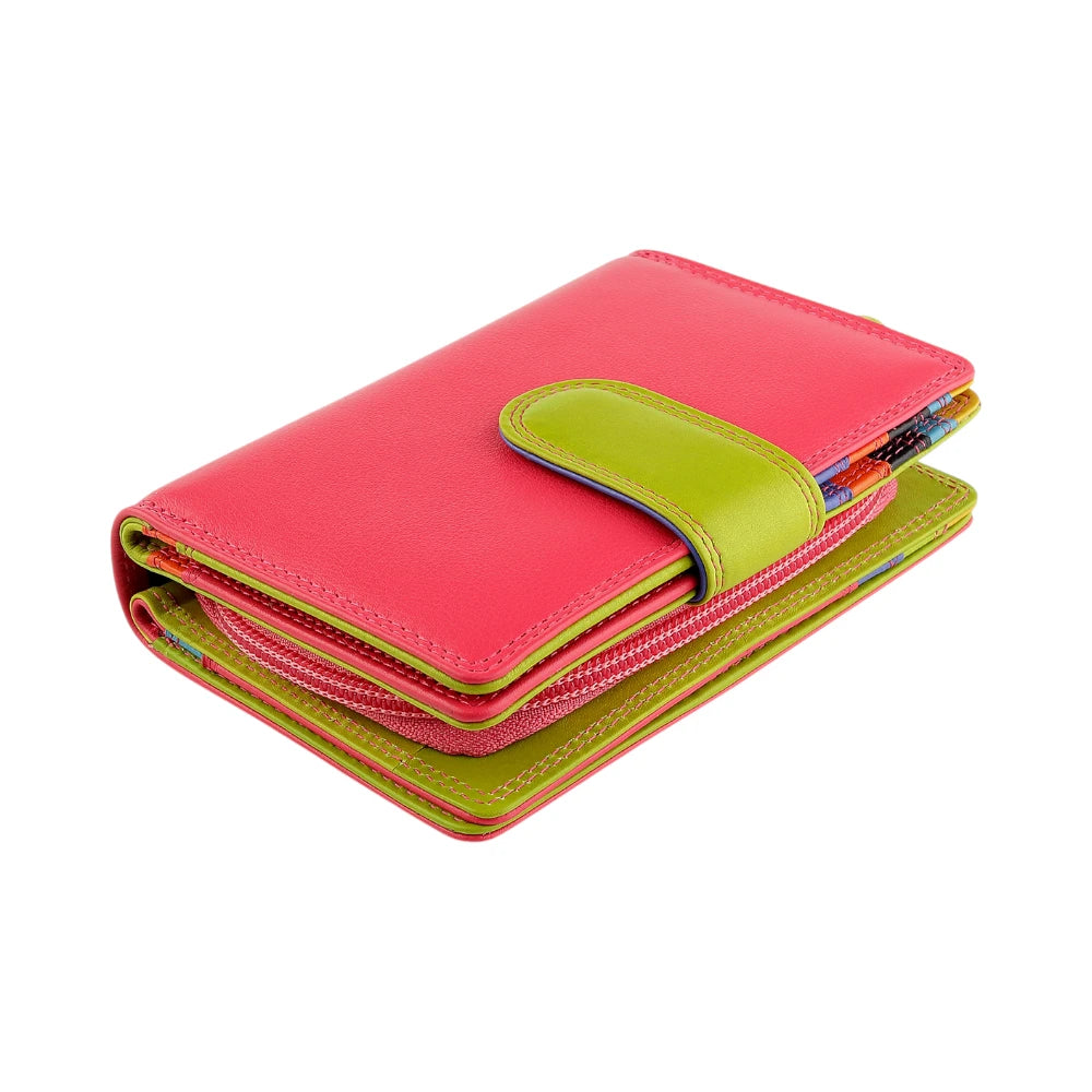 Pink and green wallet on a white background