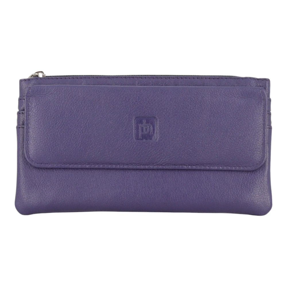 Front view of Purple purse with a brand logo on a white background
