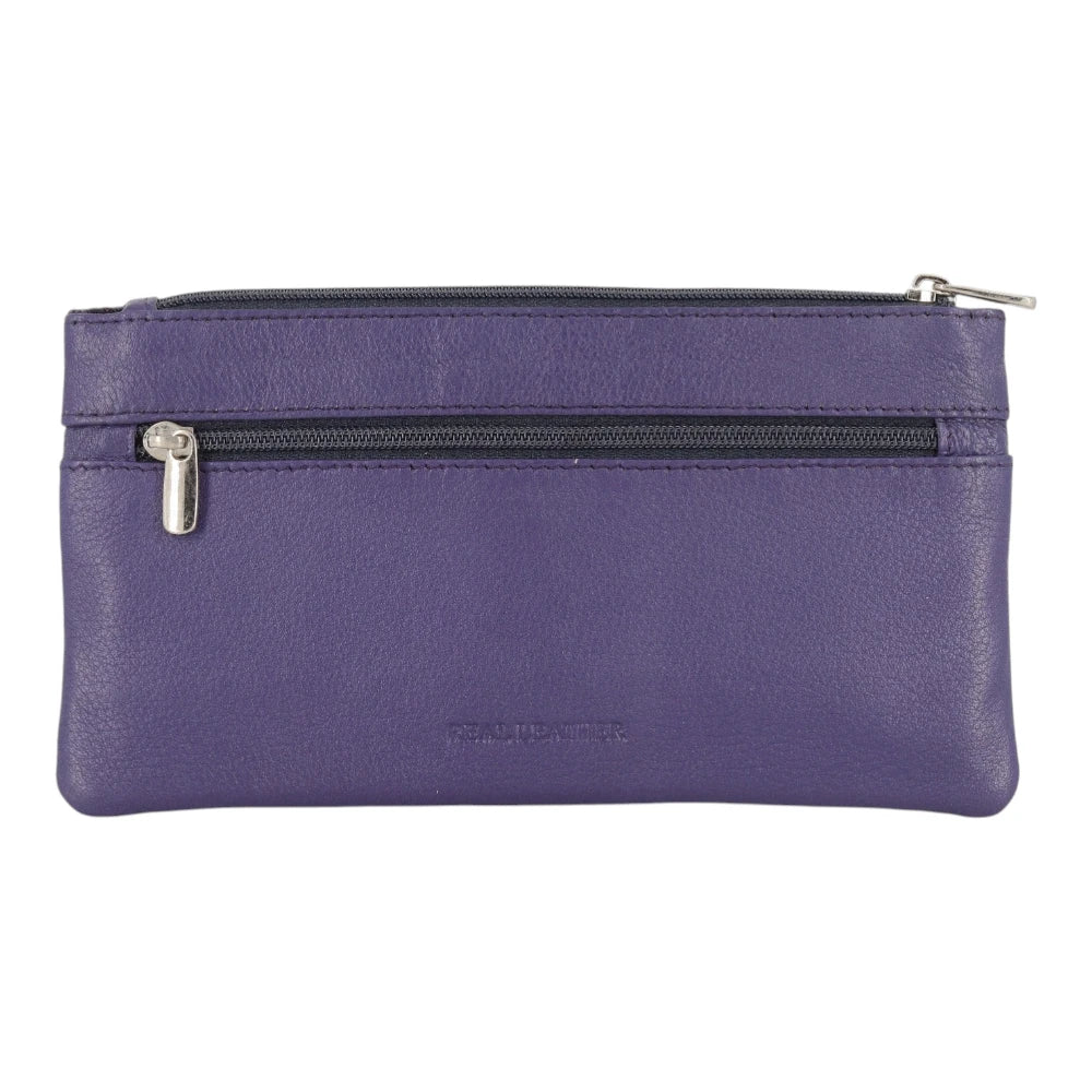 Back view of Purple Purse with a zipper on a white background