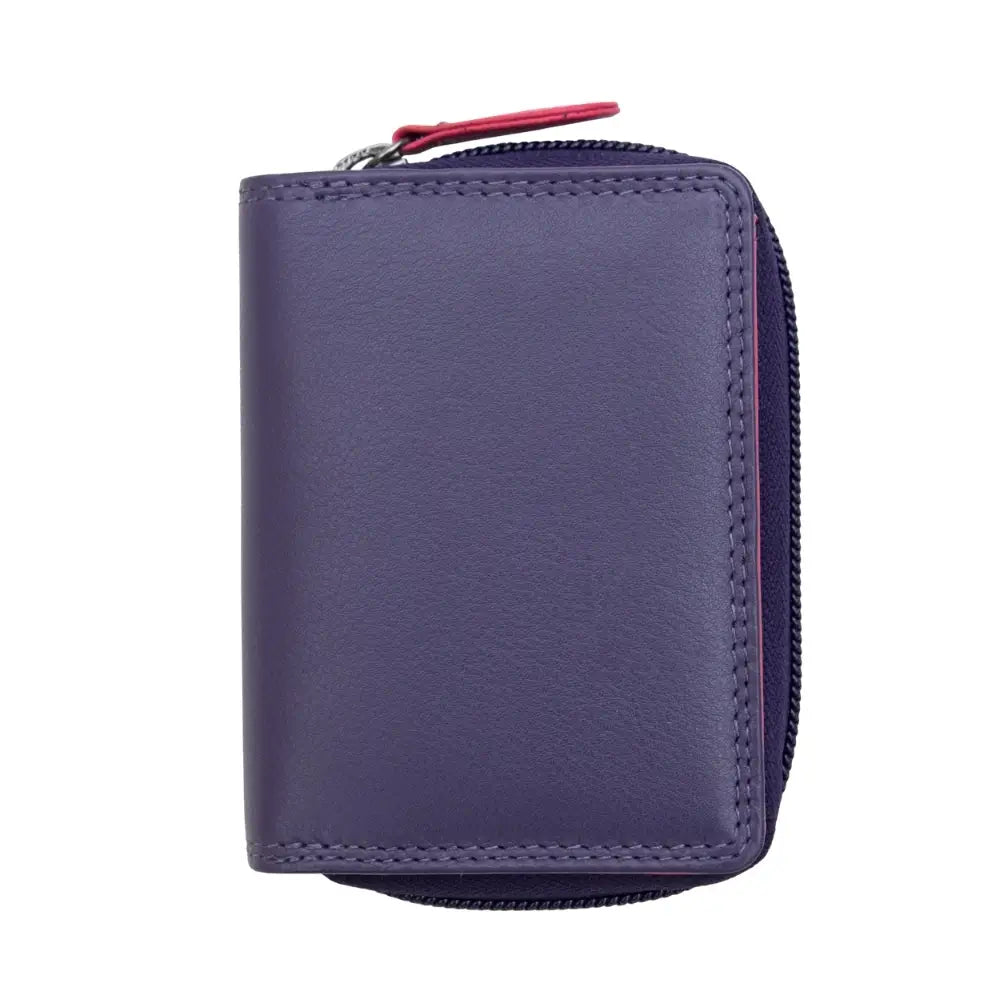 Purple zippered wallet on a white background
