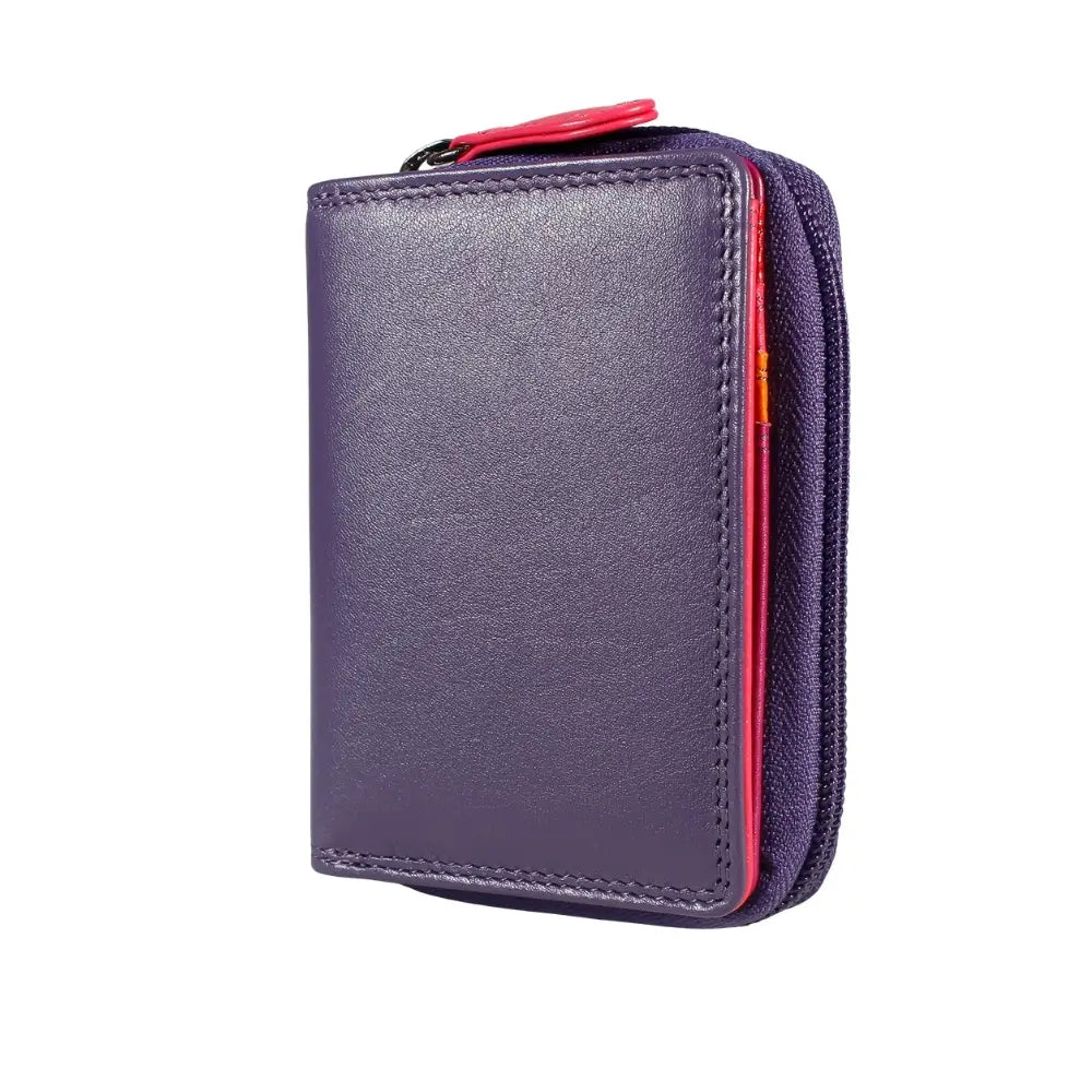 Purple wallet with a red zipper on a white background