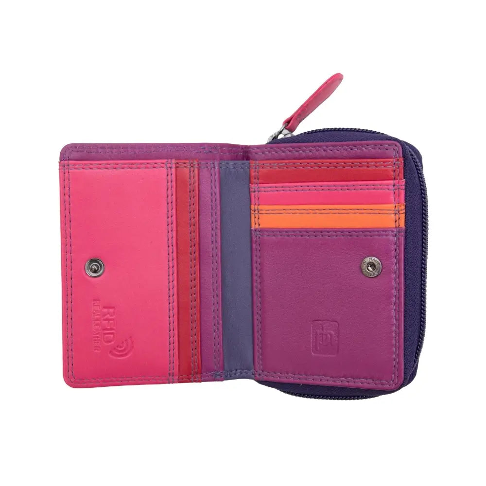 Purple wallet with a visible brand logo on a white background