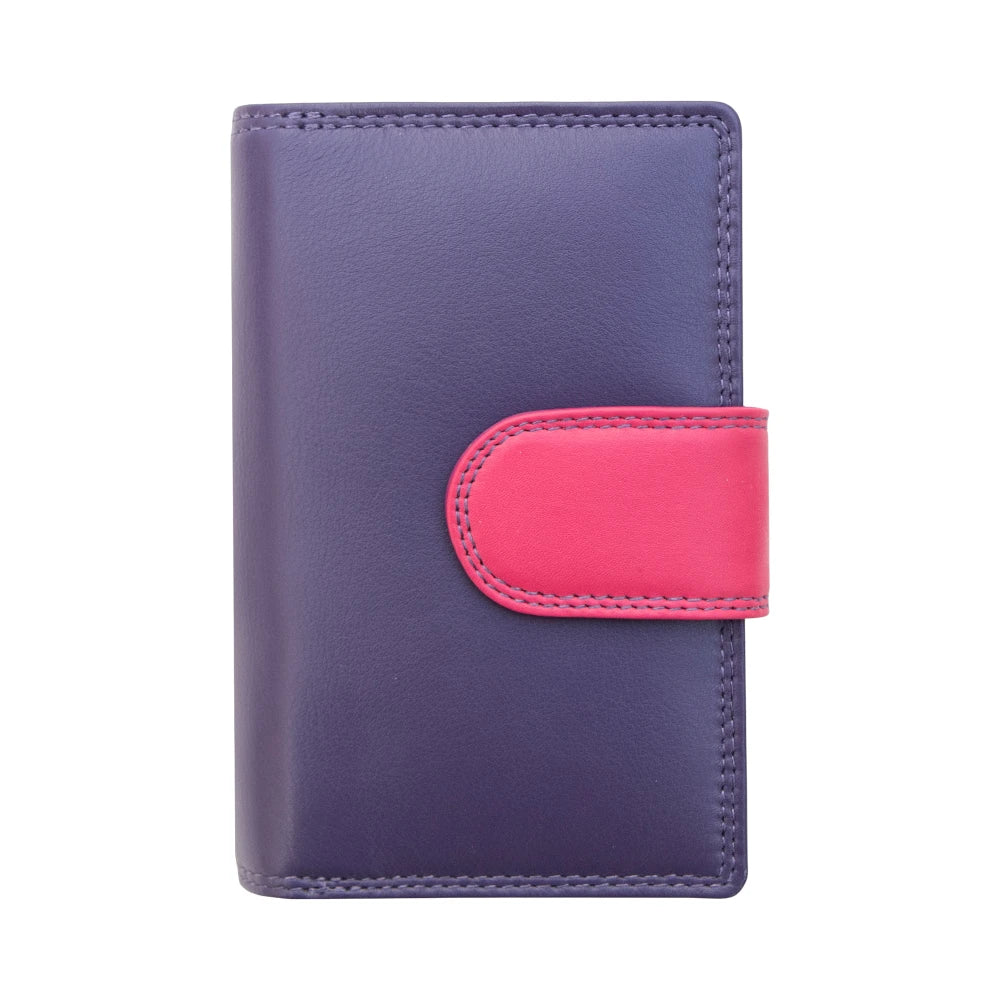 Front view of Purple wallet with a pink strap on a white background
