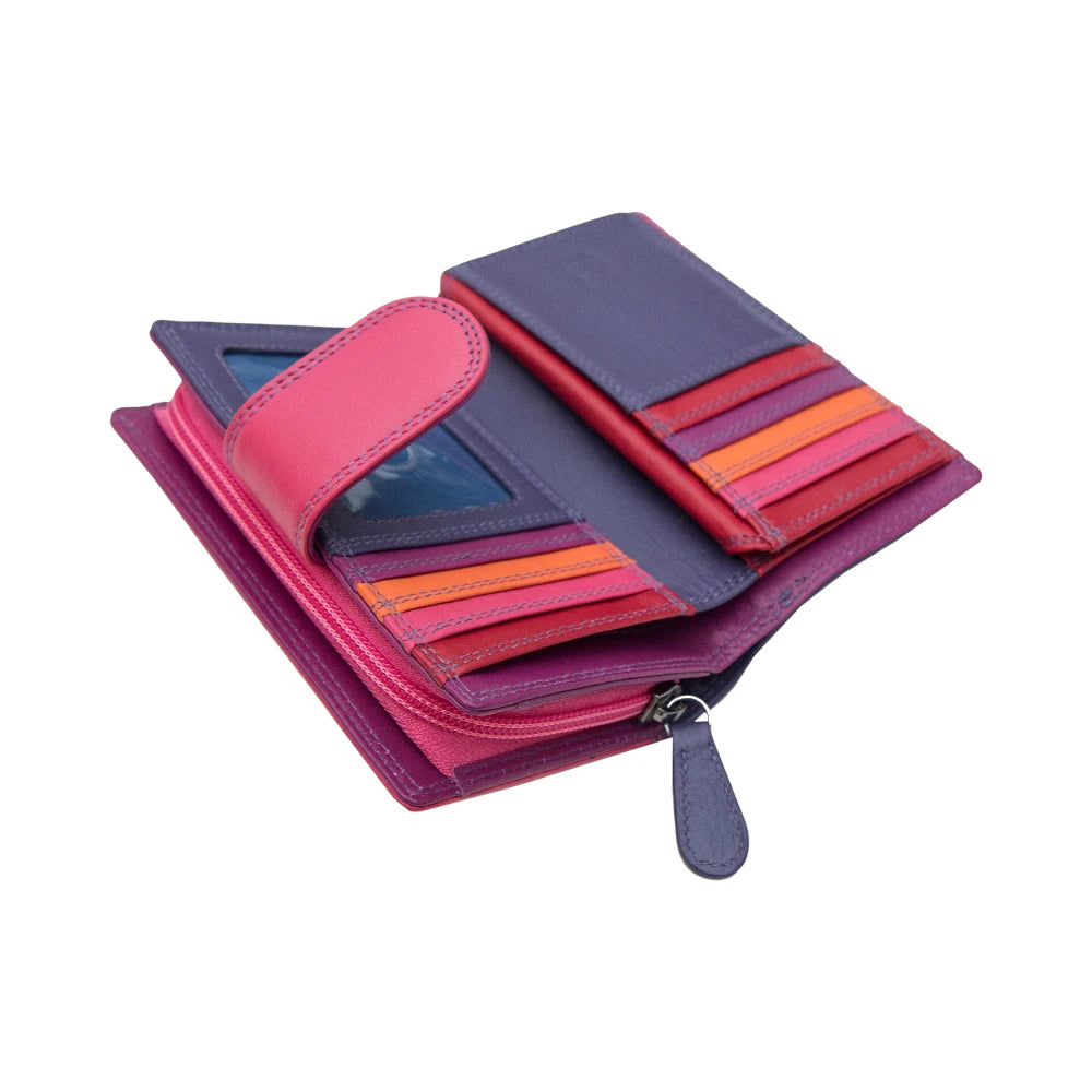 Purple wallet with pink, purple, and orange accents on a white background