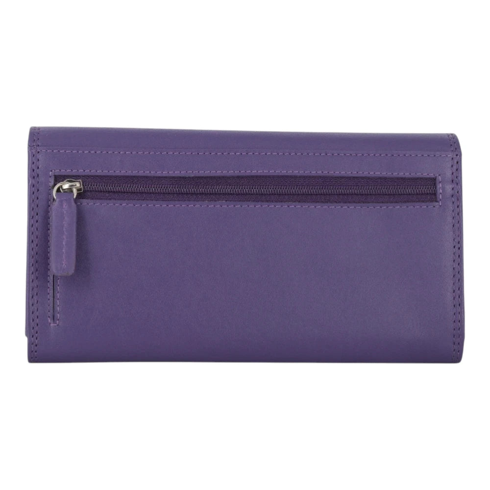 Back view of Purple Milli Martinee Purse with a zipper on a light gray background