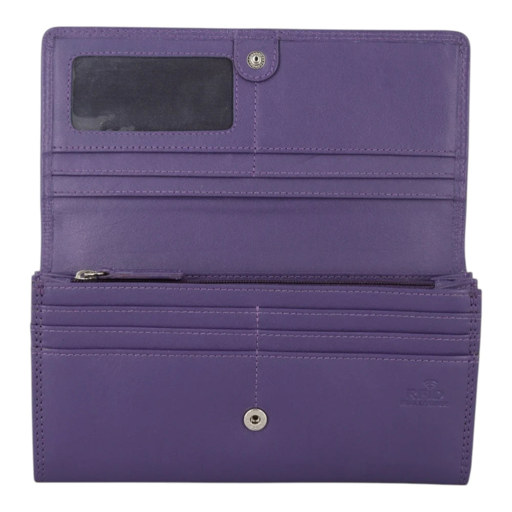 Open view of Purple Milli Martinee Purse with a clear window on a light gray background