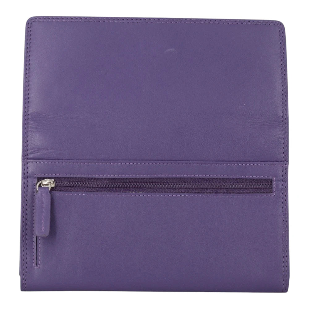 Purple Milli Martinee Purse with a zipper on a light gray background