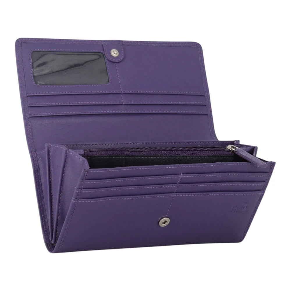 Inside view of Purple Milli Martinee Purse with multiple card slots on a light gray background