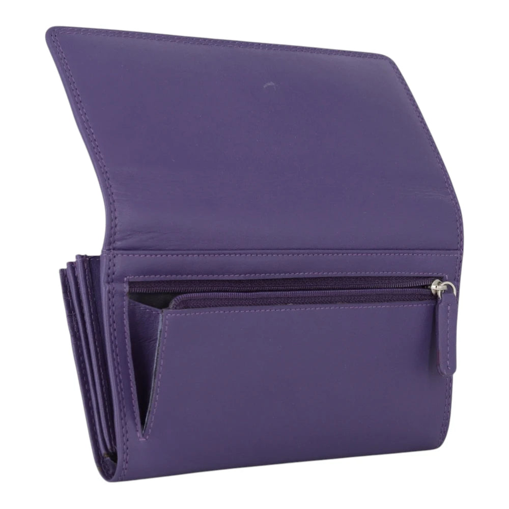 Purple Milli Martinee Purse with a card holder on a light gray background