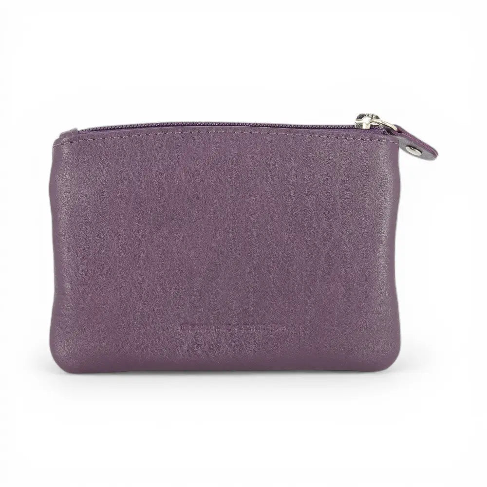 Purple leather pouch with a zipper on a white background