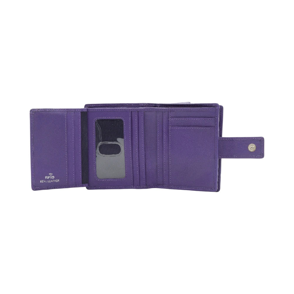 Purple purse with card slots on a white background