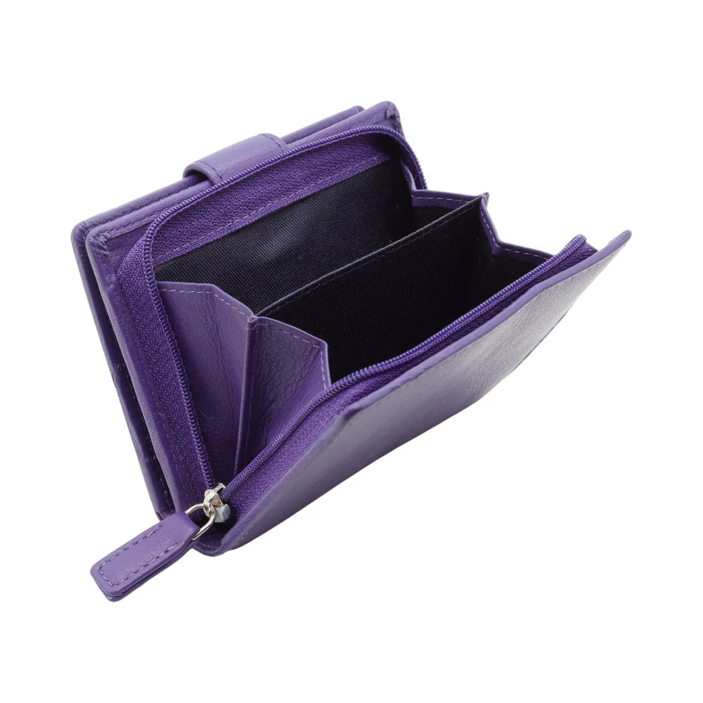 Open view of Purple leather purse  on a white background