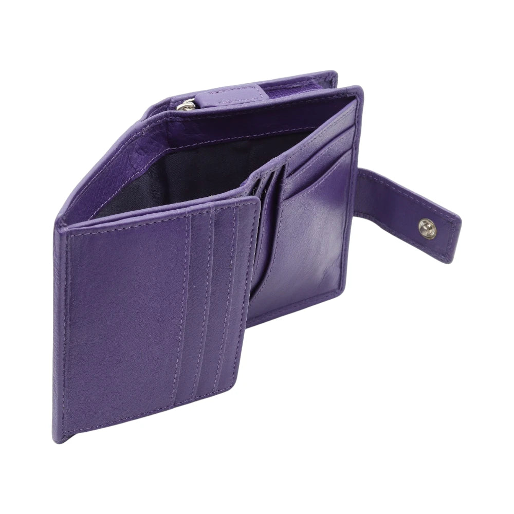 Open view of Purple leather purse  on a white background