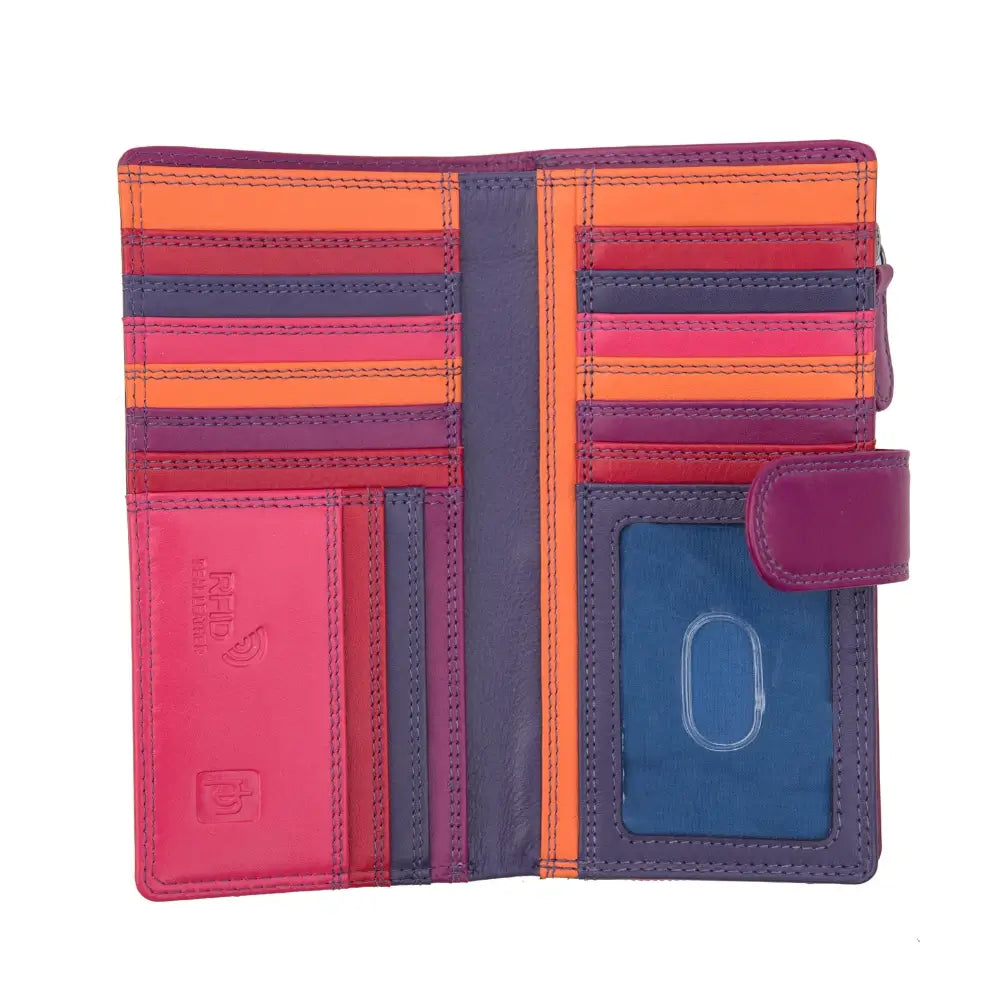 Inside view of purple wallet with striped pattern on a white background