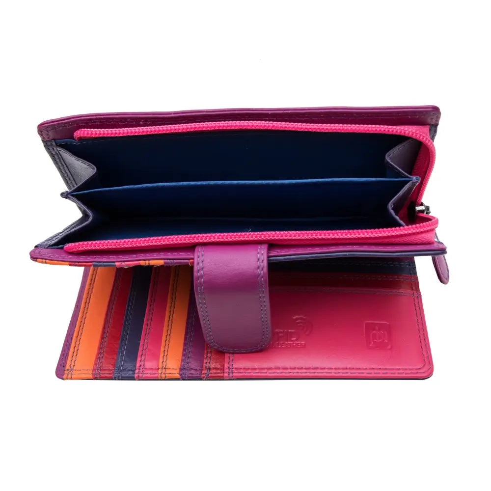 Open purple wallet with striped design on a white background