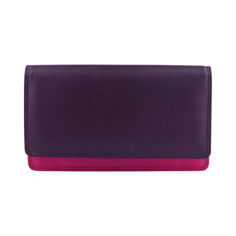 Front view of Purple wallet with pink bottom section on a white background