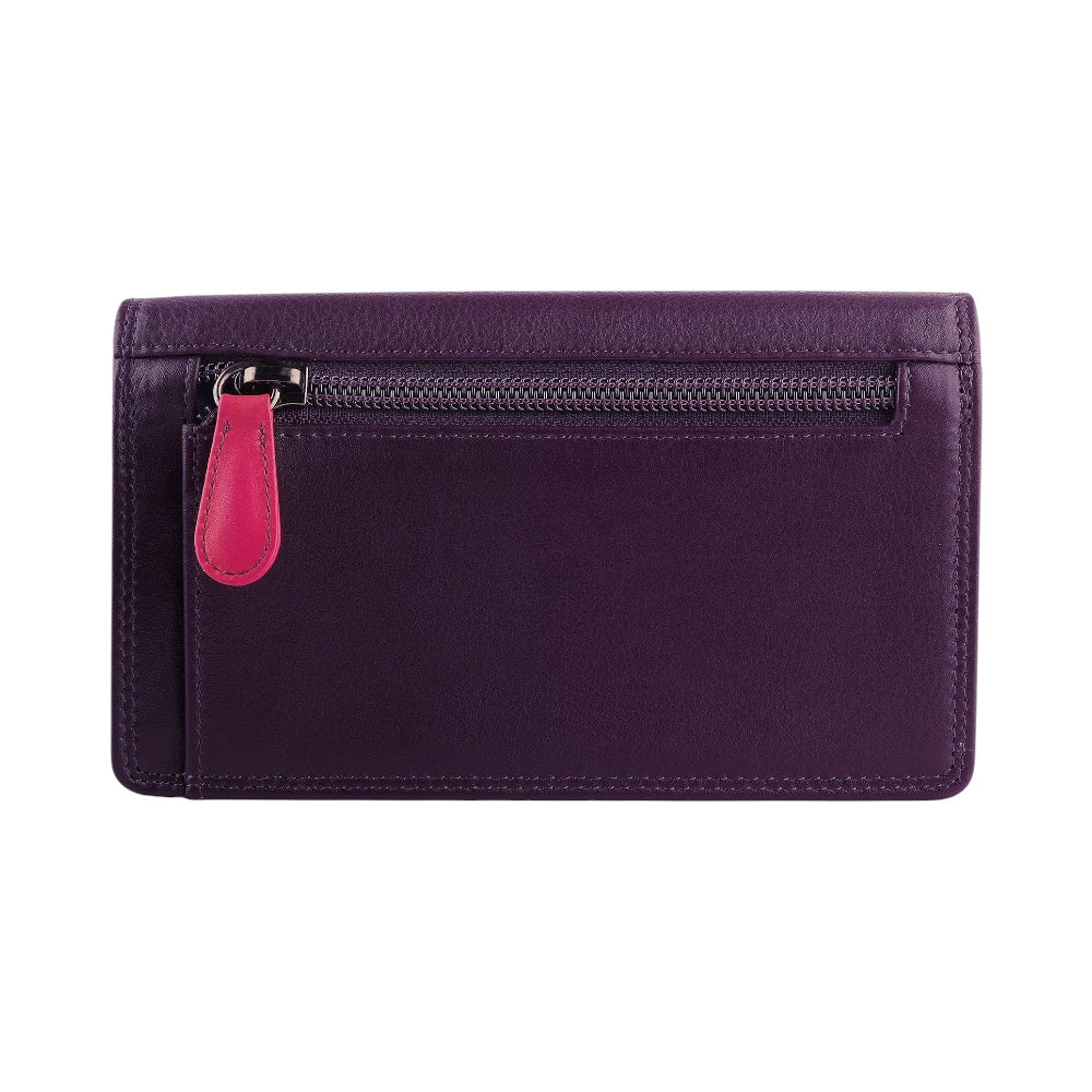 Back view of Purple wallet with pink bottom section on a white background