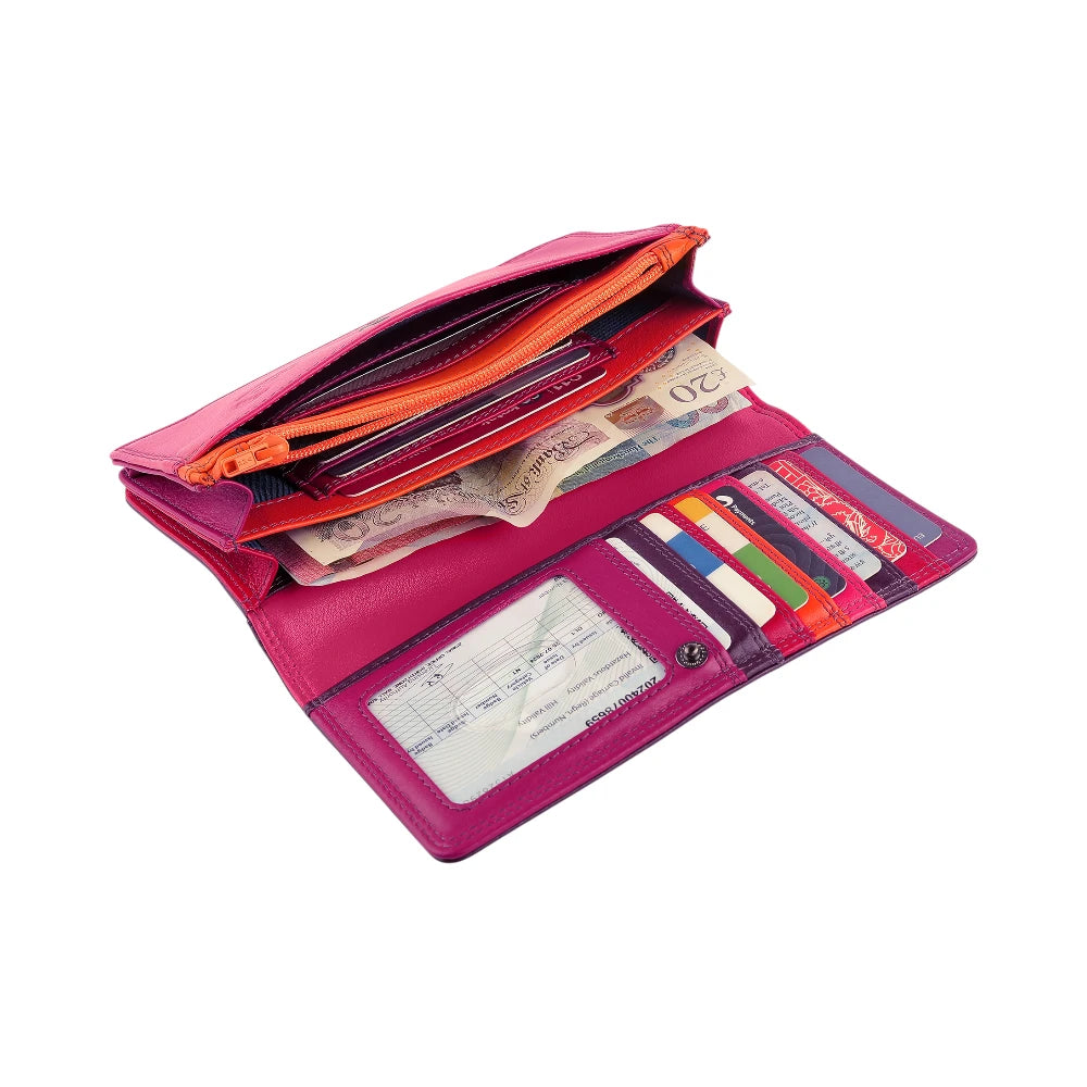 Inside view of Purple wallet with pink bottom section on a white background