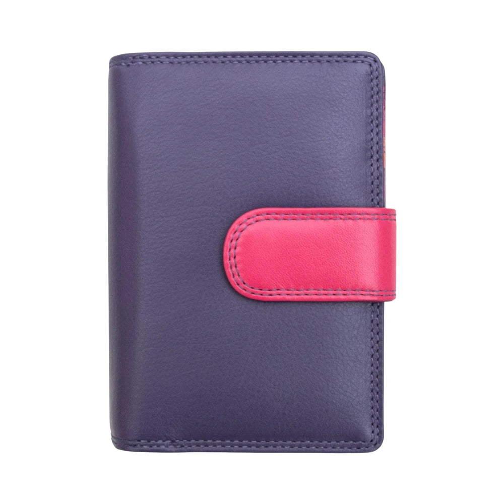 Front view of Purple wallet with a pink strap on a white background