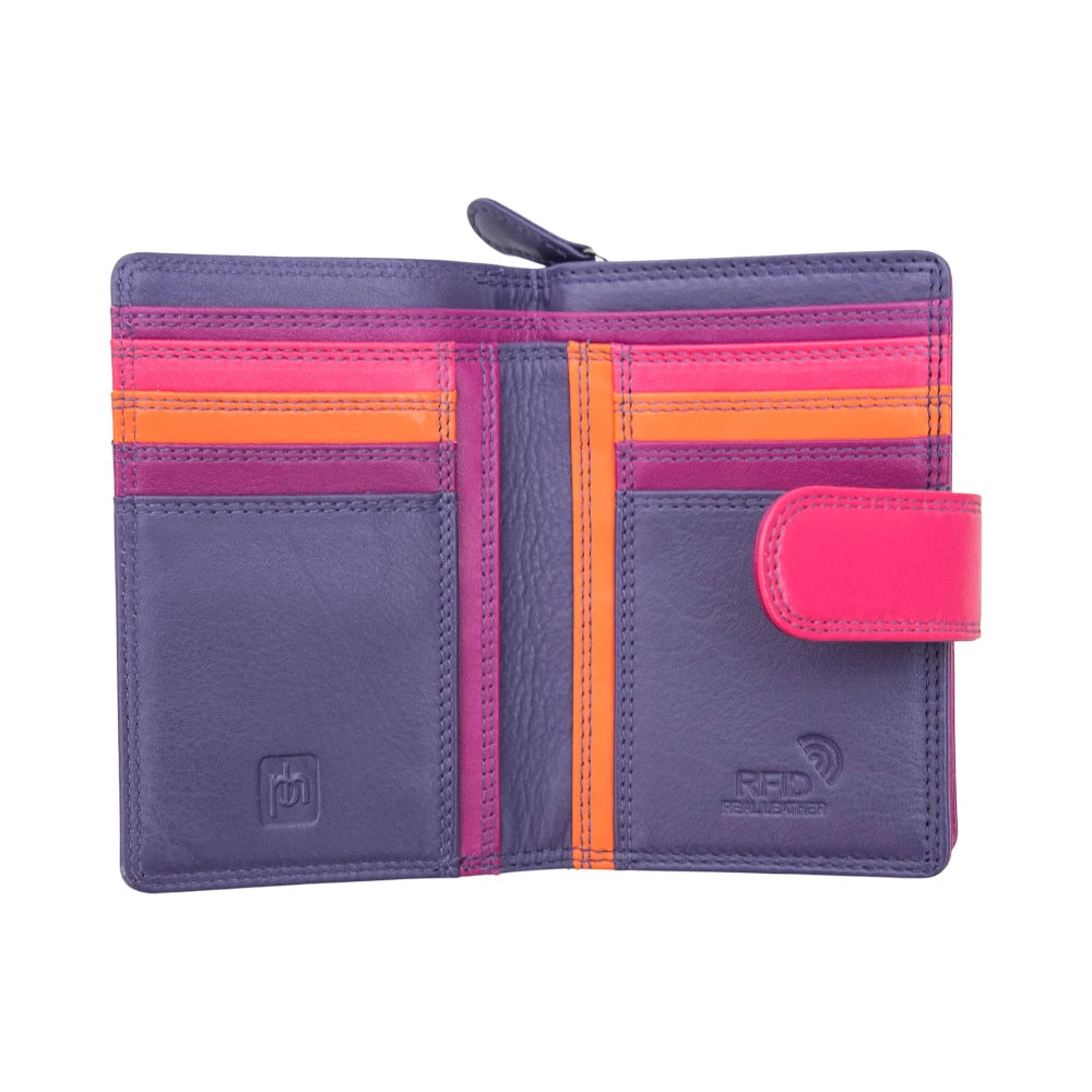 Purple wallet with pink and orange accents on a white background