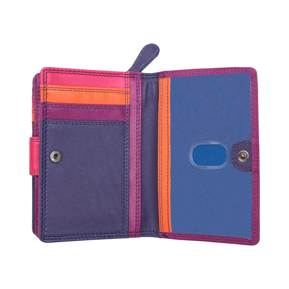 Open purple wallet with colorful interior on a white background