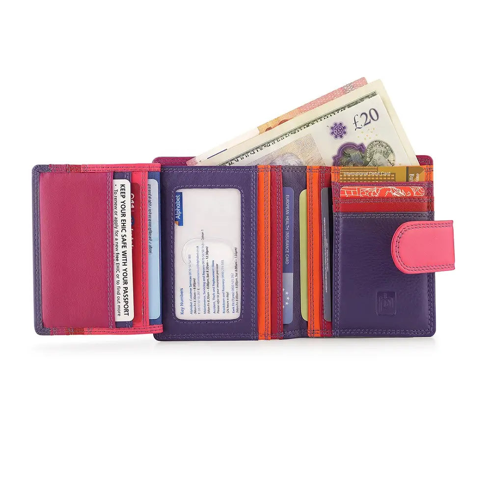 Purple wallet with money and cards on a white background