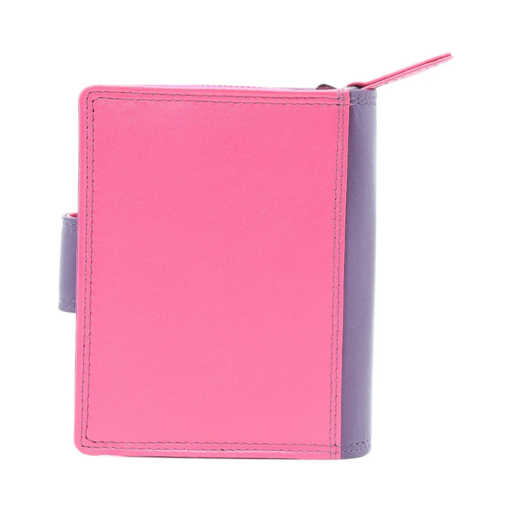 Back view of Purple leather purse with a zipper on a white background