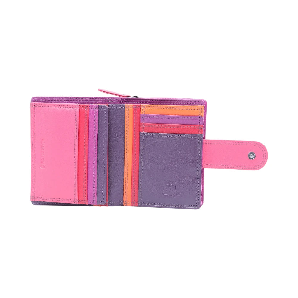 Inside view of purple leather purse on a white background