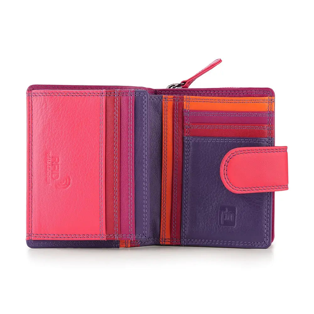 Purple wallet with visible brand logo on a white background