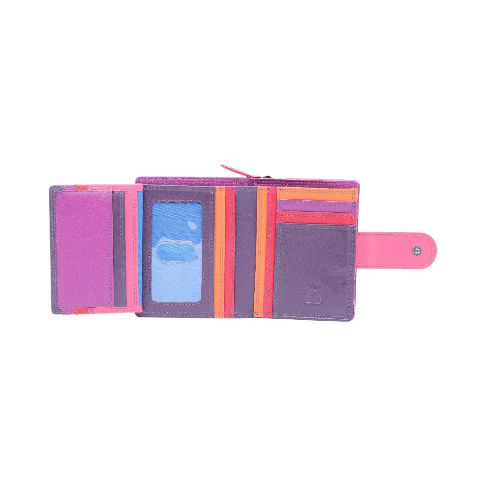 Inside view of purple  wallet with a pink strap on a white background