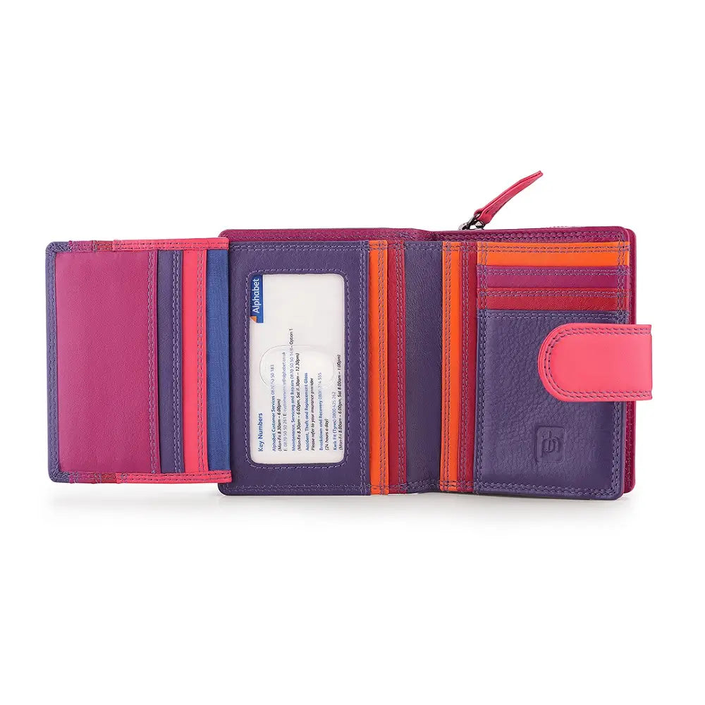 Purple wallet with a visible brand logo on a white background