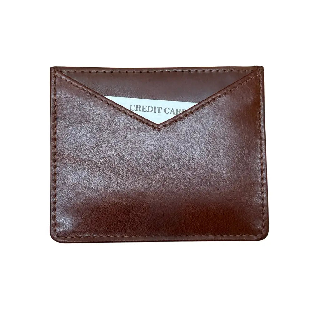 Brown leather cardholder with a visible credit card on a white background