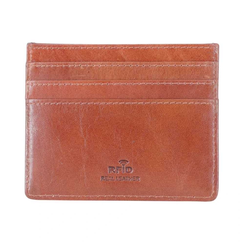 VTBrown leather cardholder with  branding on a white background